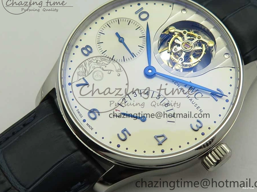 MIROTIME 0207 Portuguese Tourbillon IW5046 SS ZF Best Edition White Dial Blue Markers on Blue Leather Strap Fashionable 7149